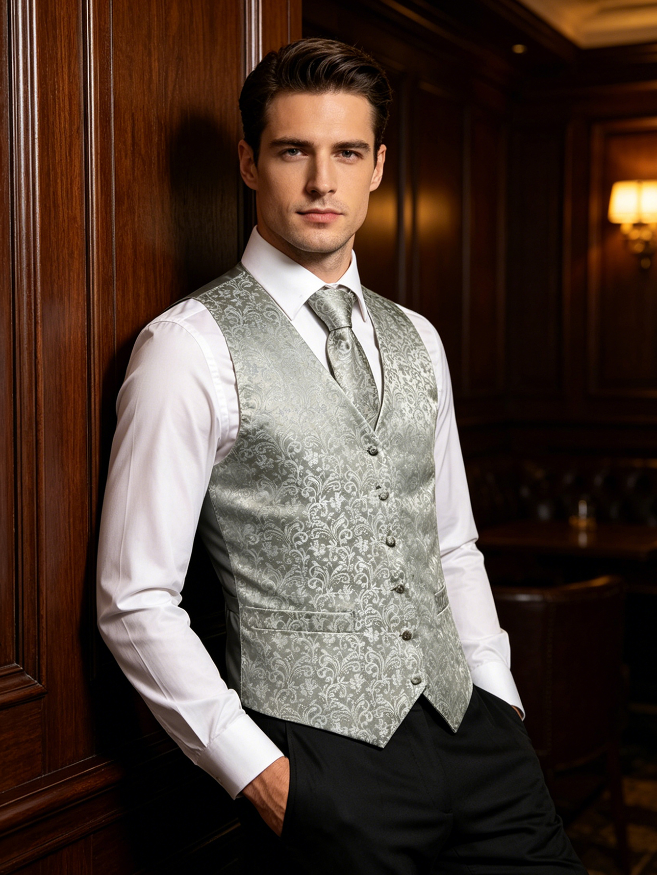 Pocket Square Set - Light Gray Paisley Jacquard V-Neck Vest