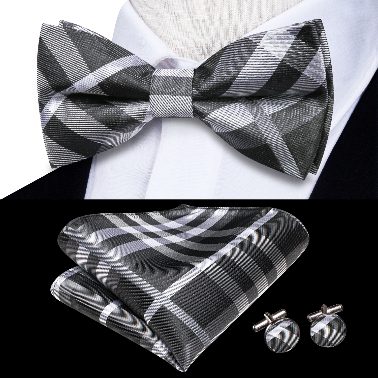 Hi-Tie Grey Plaid Jacquard Pre - Bow Tie Pre Tied บทวิจารณ์และราคา