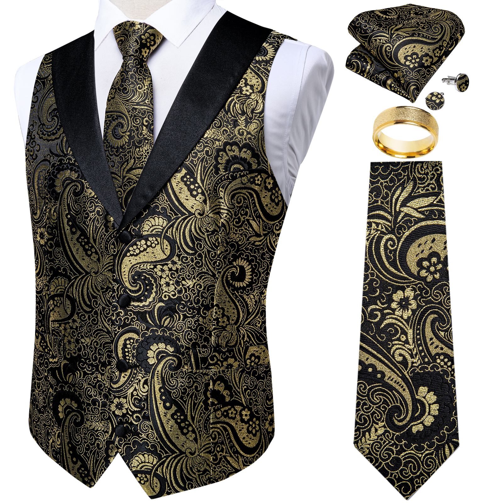 Black Gold Paisly Vest Suit Se - Pocket Square Set บทวิจารณ์และราคา