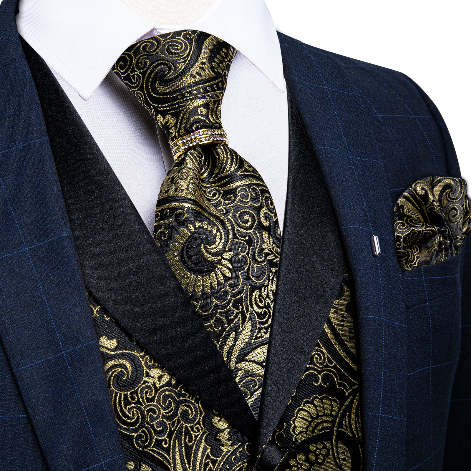 Black Gold Paisly Vest Suit Se - Pocket Square Set บทวิจารณ์และราคา