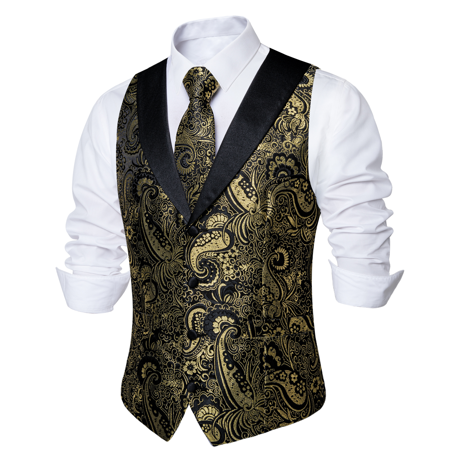 Black Gold Paisly Vest Suit Se - Pocket Square Set บทวิจารณ์และราคา