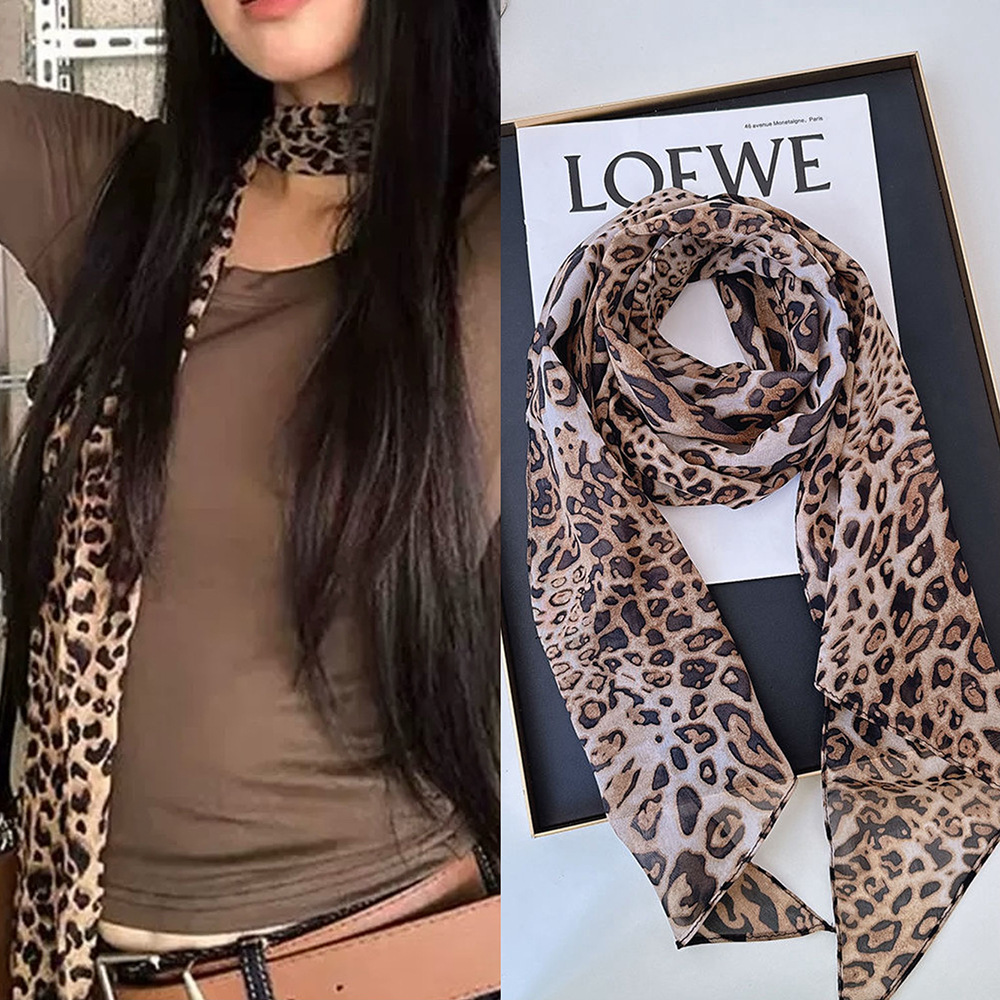Leopard Small Long Silk Scarf  - Ascot Neck Scarf บทวิจารณ์และราคา