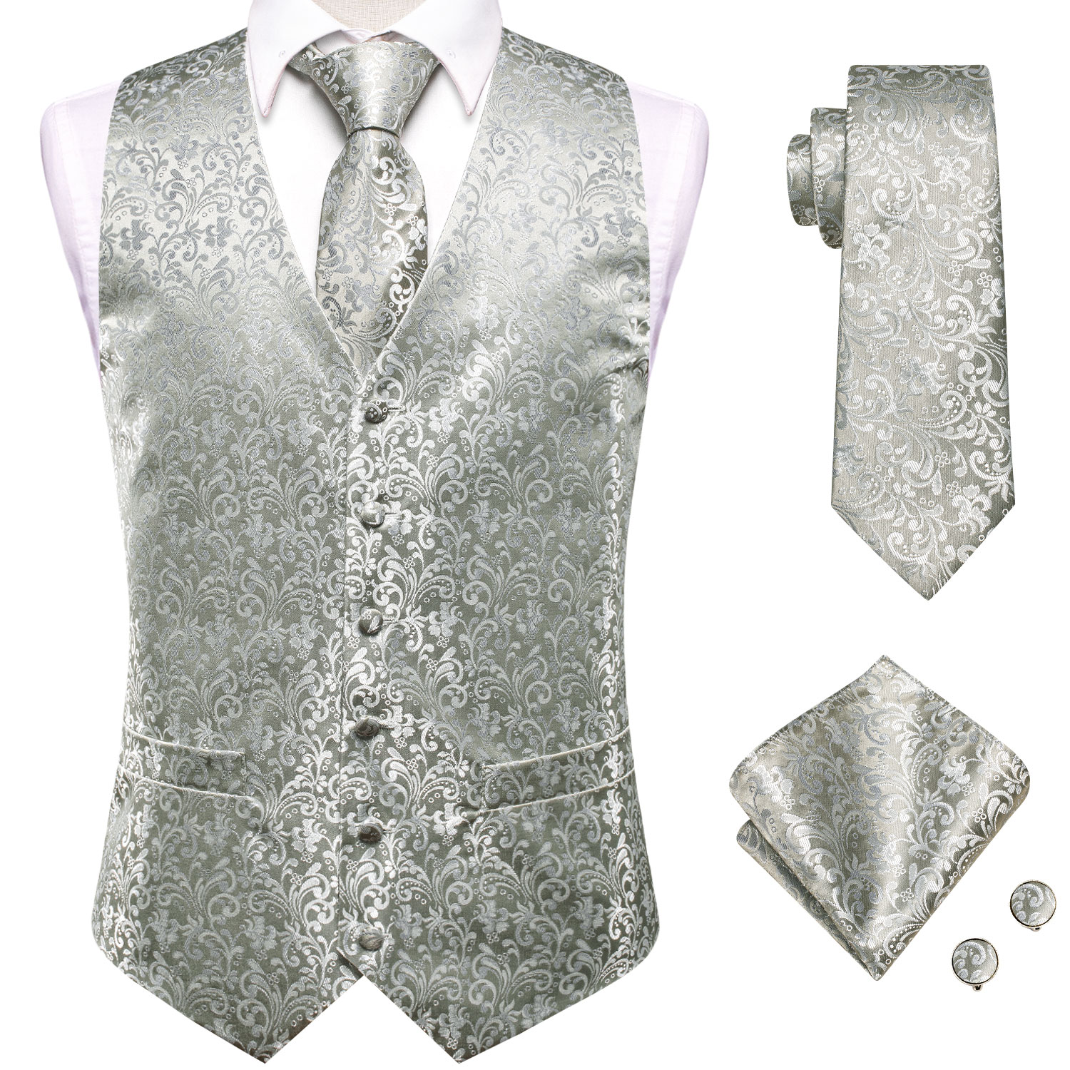 Light Gray Paisley Jacquard V- - Pocket Square Set บทวิจารณ์และราคา