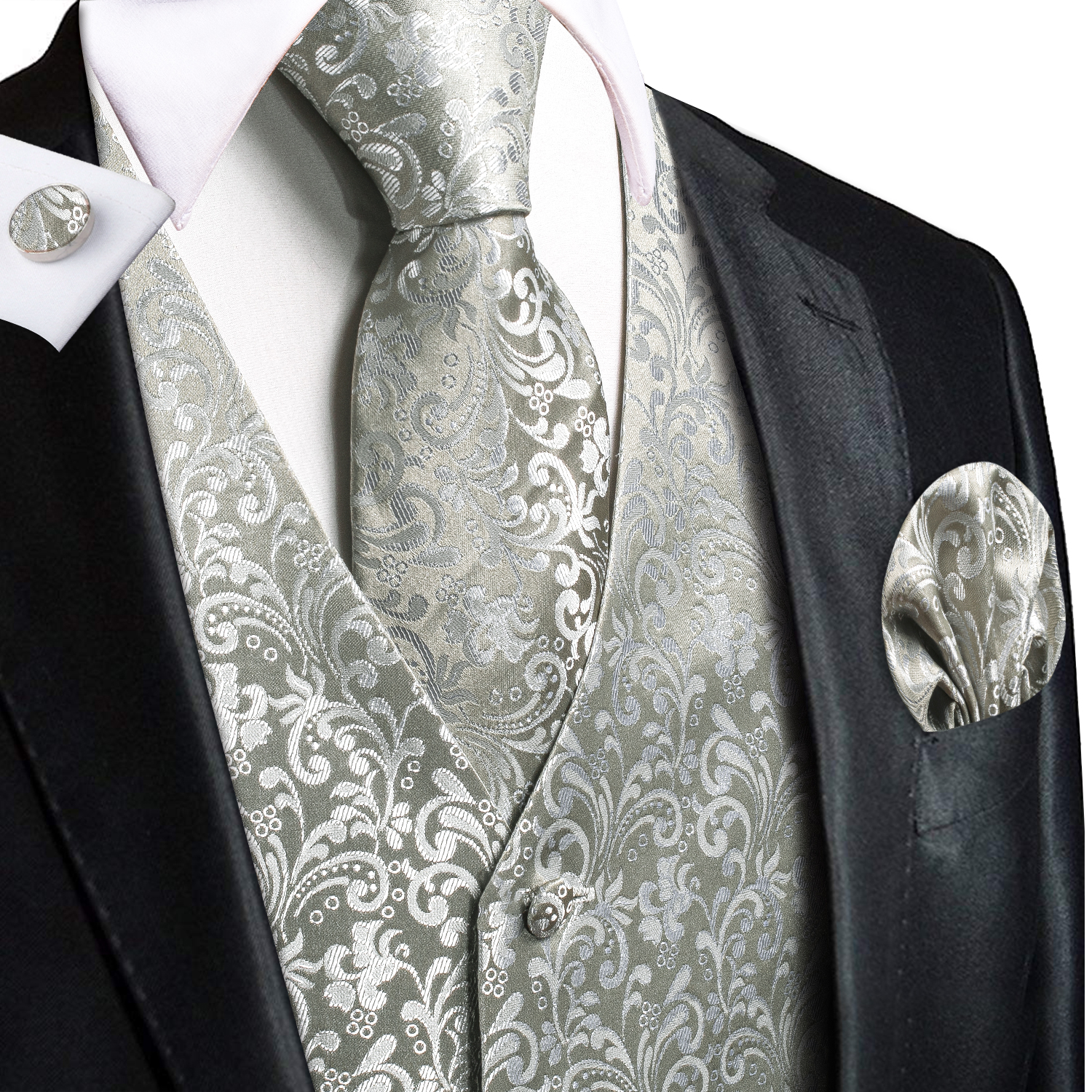 Light Gray Paisley Jacquard V- - Pocket Square Set บทวิจารณ์และราคา