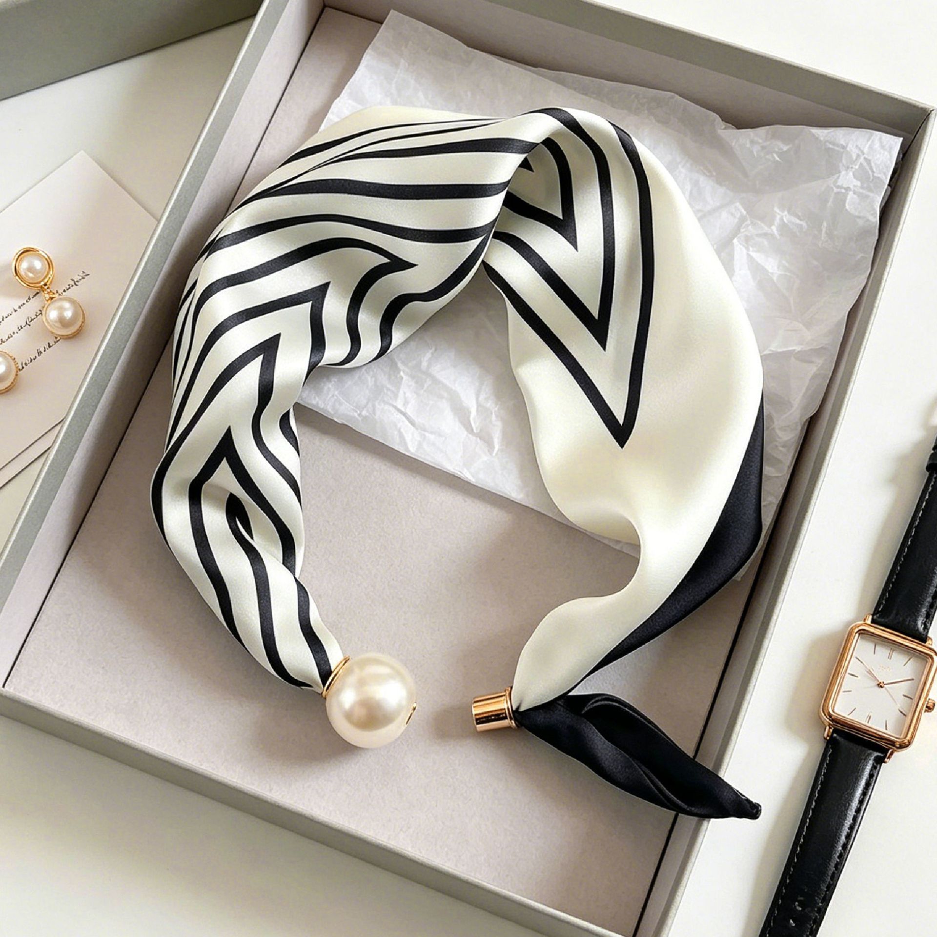 Elegant Chic Pearl Stripe Scar - Ascot Neck Scarf บทวิจารณ์และราคา