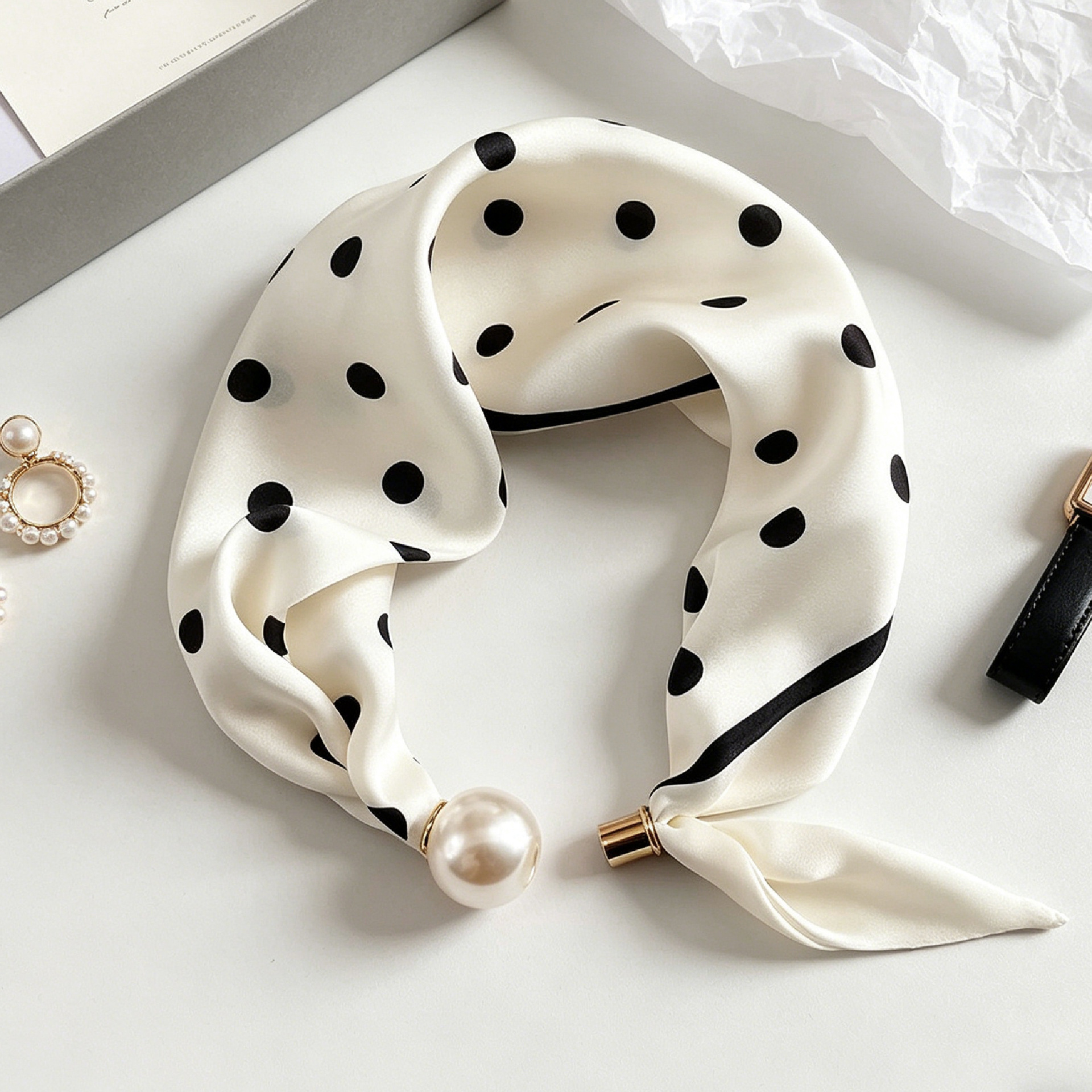 Elegant Chic Pearl Stripe Scar - Ascot Neck Scarf บทวิจารณ์และราคา