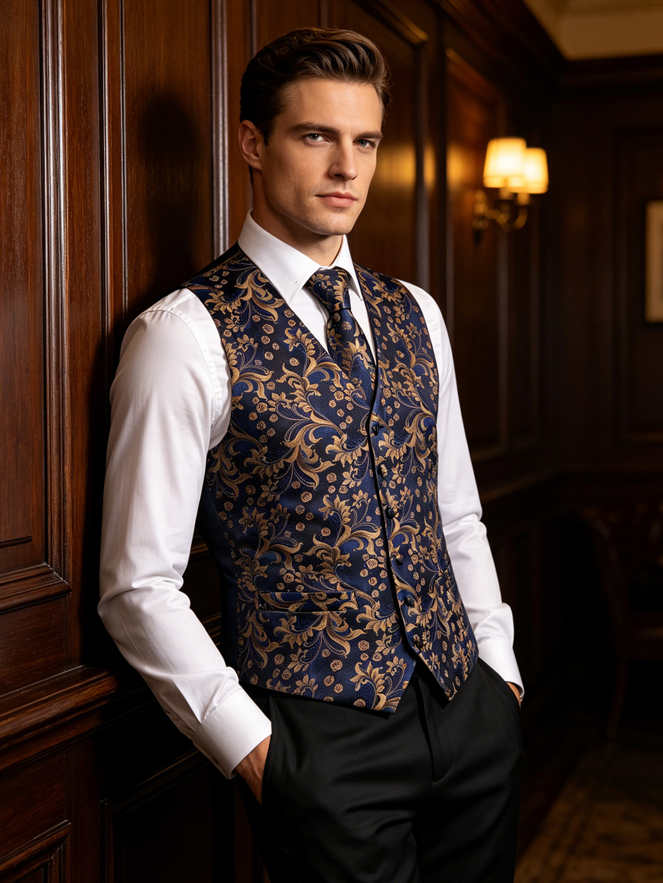 Navy Gold Scroll Jacquard V-Ne - Pocket Square Set บทวิจารณ์และราคา