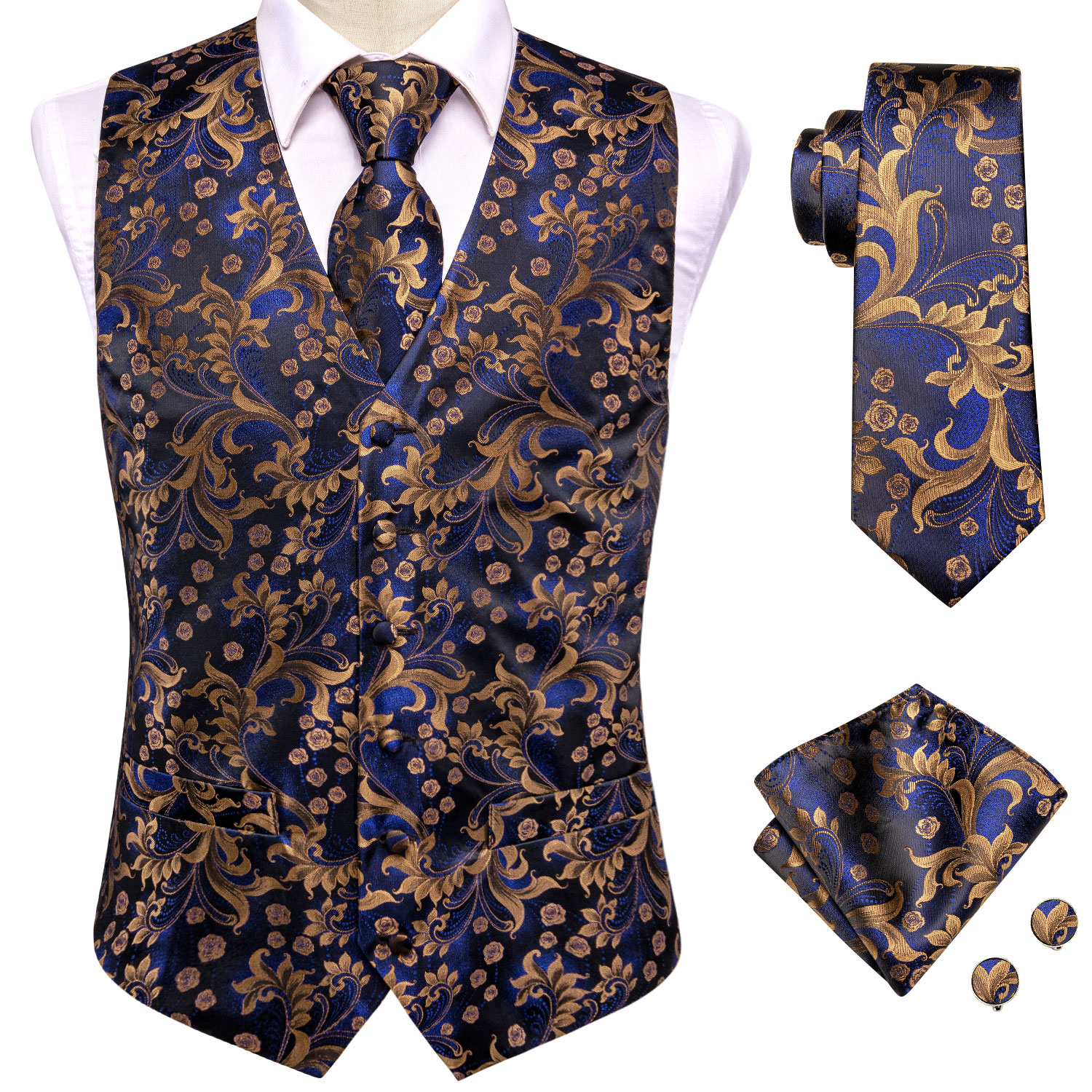 Navy Gold Scroll Jacquard V-Ne - Pocket Square Set บทวิจารณ์และราคา