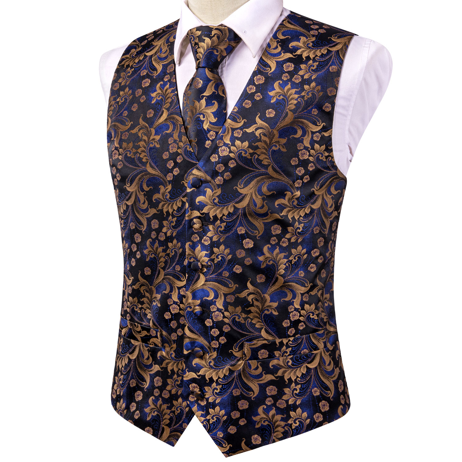 Navy Gold Scroll Jacquard V-Ne - Pocket Square Set บทวิจารณ์และราคา