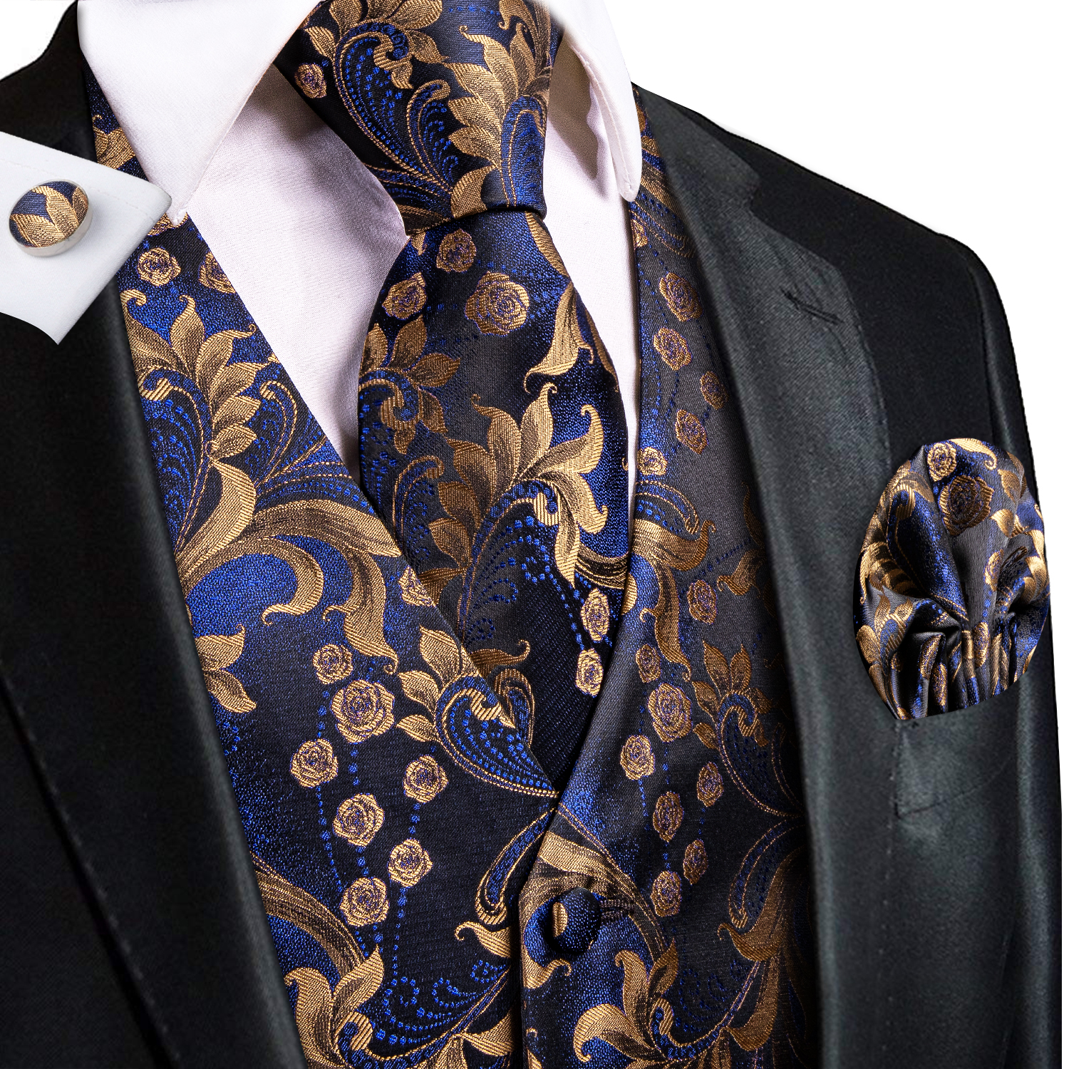 Navy Gold Scroll Jacquard V-Ne - Pocket Square Set บทวิจารณ์และราคา