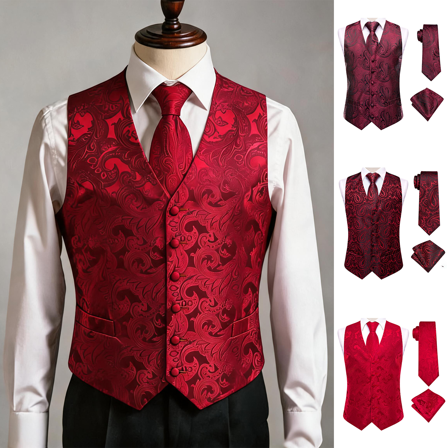 Red Men Vest Three-Piece Suit  - Pocket Square Set บทวิจารณ์และราคา