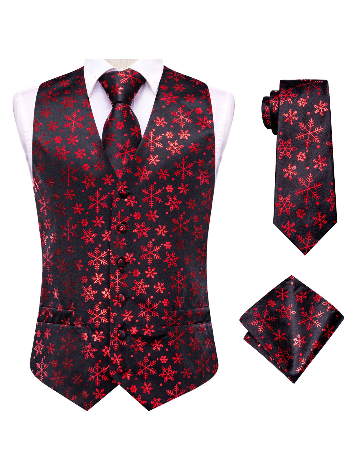 Red Men Vest Three-Piece Suit  - Pocket Square Set บทวิจารณ์และราคา