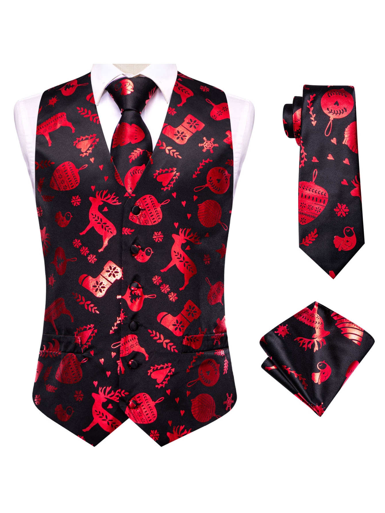 Red Men Vest Three-Piece Suit  - Pocket Square Set บทวิจารณ์และราคา