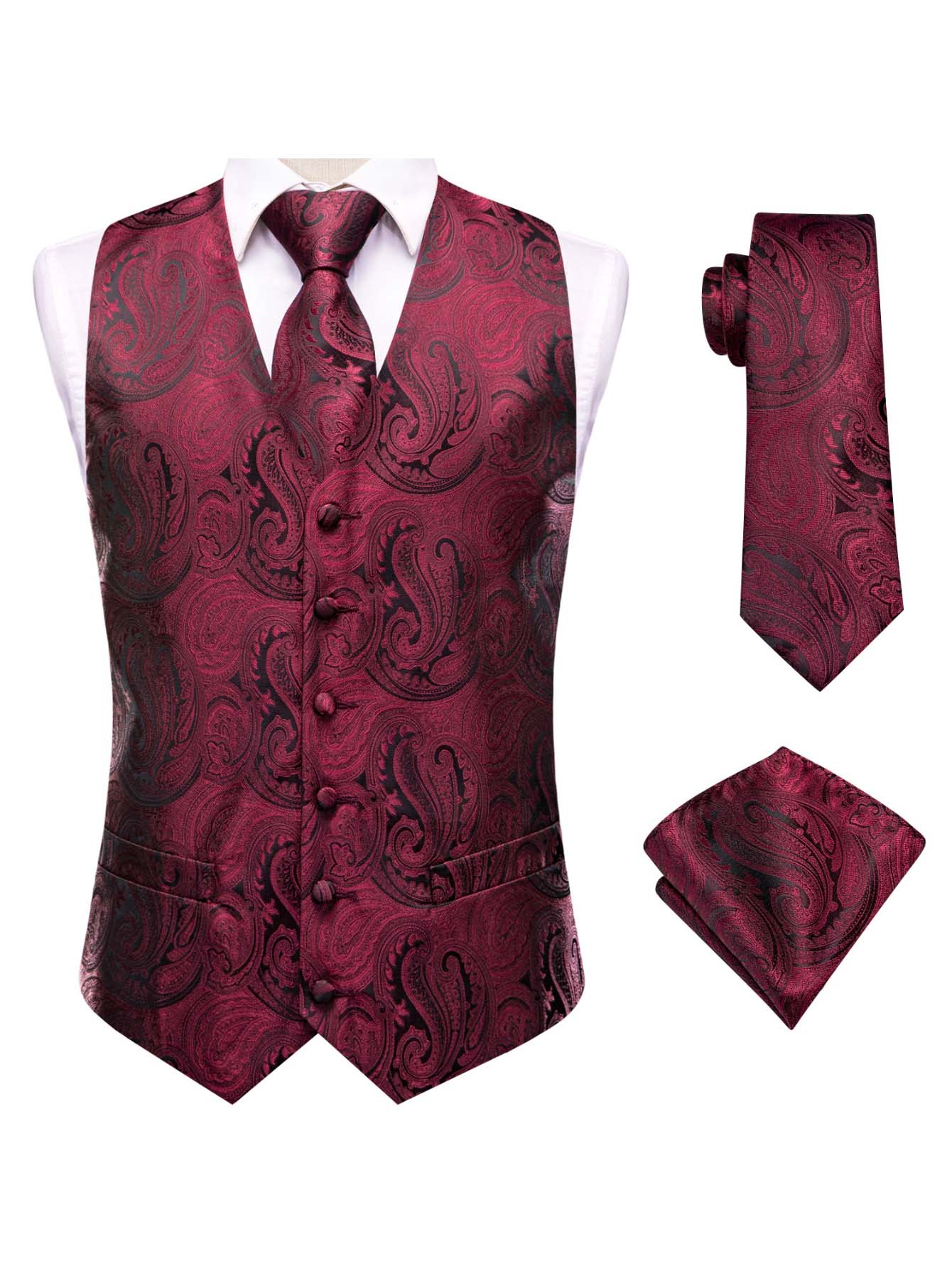 Red Men Vest Three-Piece Suit  - Pocket Square Set บทวิจารณ์และราคา