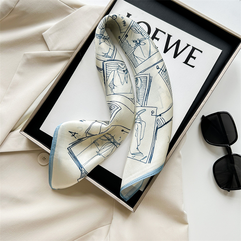 Vintage Sketch Print Satin Sma - Ascot Neck Scarf บทวิจารณ์และราคา