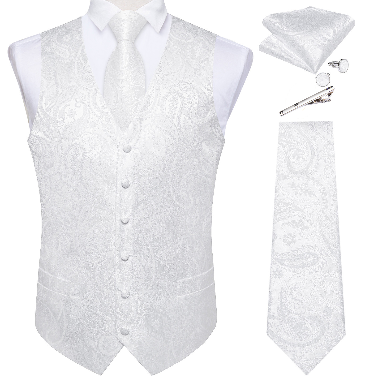 Pure White Wedding Vest for Ma - Pocket Square Set บทวิจารณ์และราคา