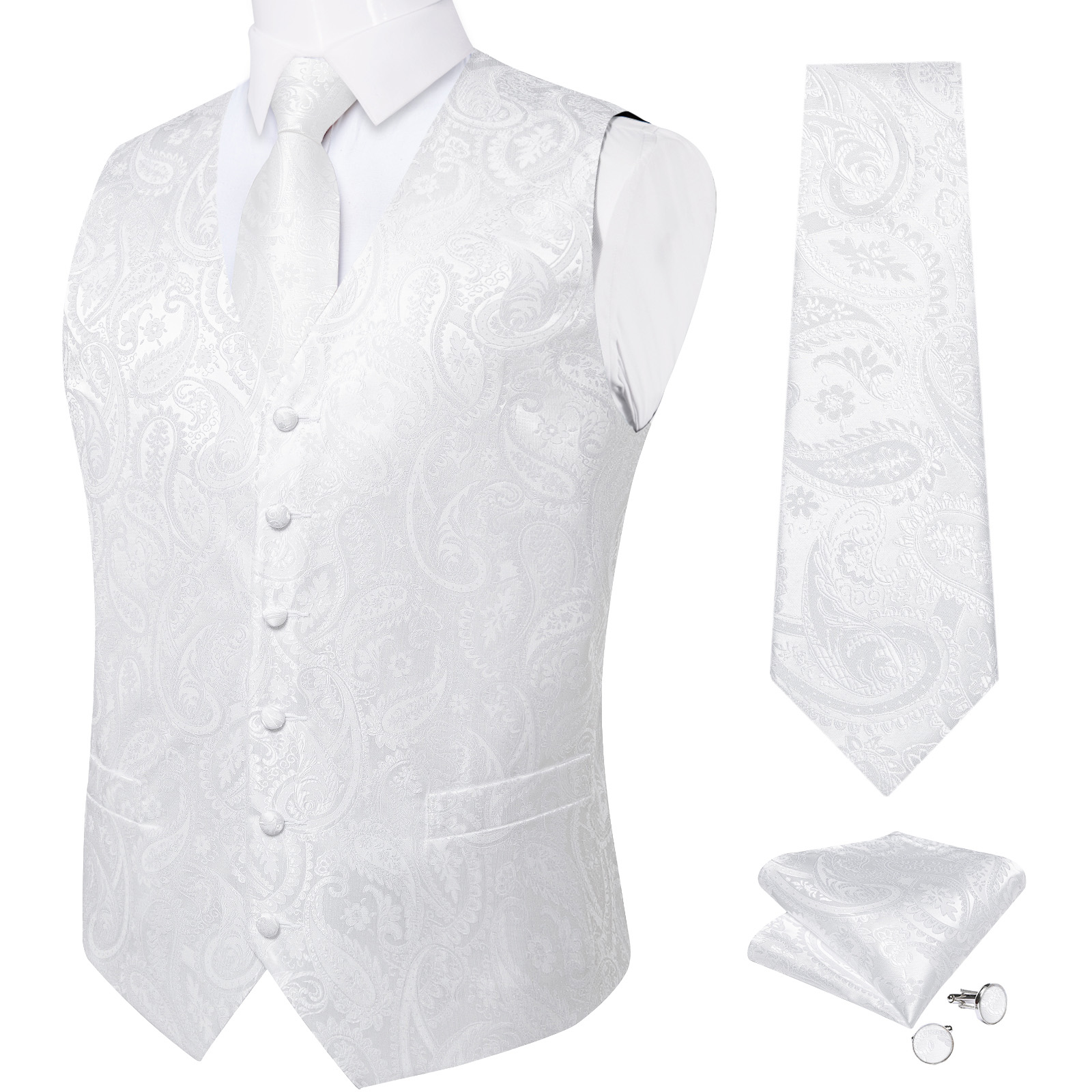Pure White Wedding Vest for Ma - Pocket Square Set บทวิจารณ์และราคา