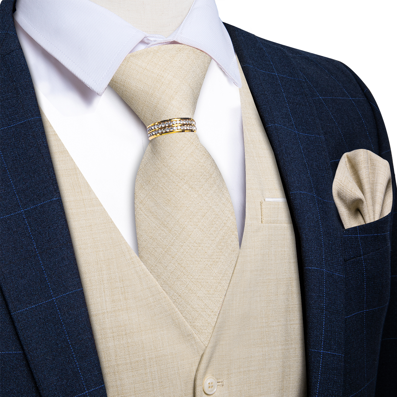 Beige Linen Textured V-Neck Ve - Pocket Square Set บทวิจารณ์และราคา