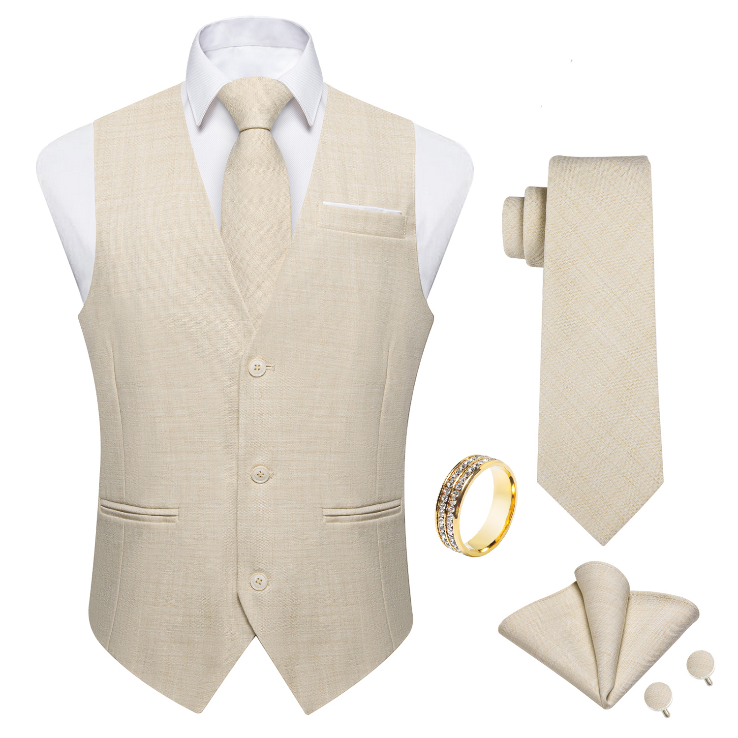 Beige Linen Textured V-Neck Ve - Pocket Square Set บทวิจารณ์และราคา