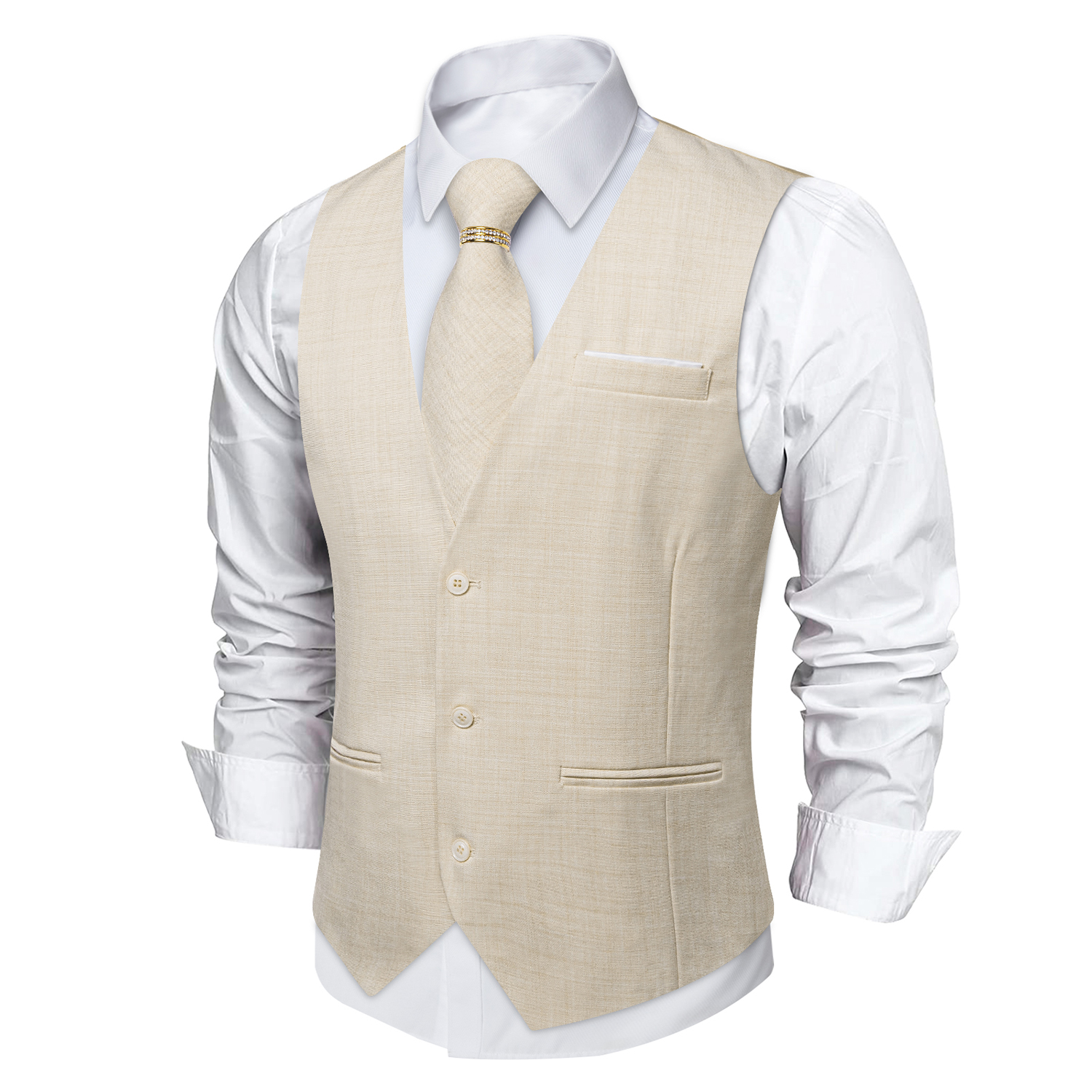 Beige Linen Textured V-Neck Ve - Pocket Square Set บทวิจารณ์และราคา